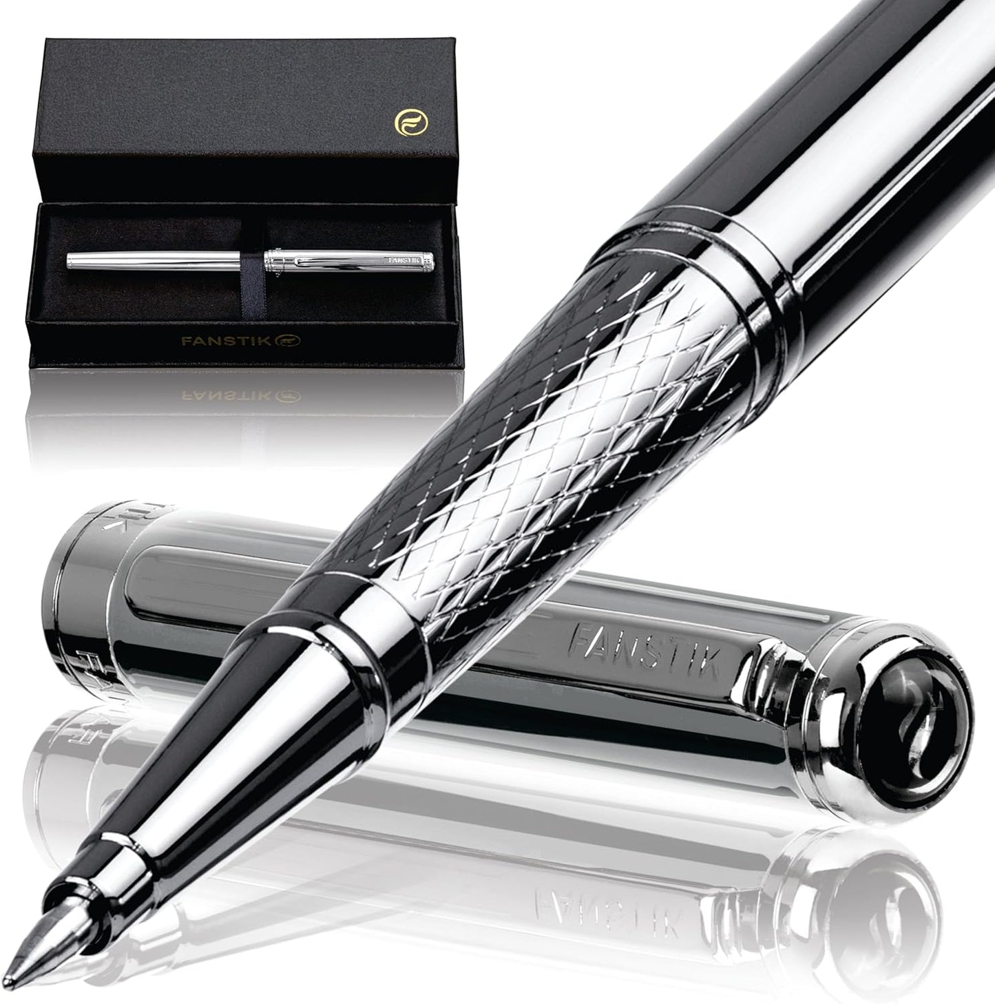 Customized Silver Luxury Rollerball pen (Made In USA) fancy gift set for women, Real 24K Gold Plating, Professional executive pen gift set for men (Lux Custom-Rollerball Silver)
