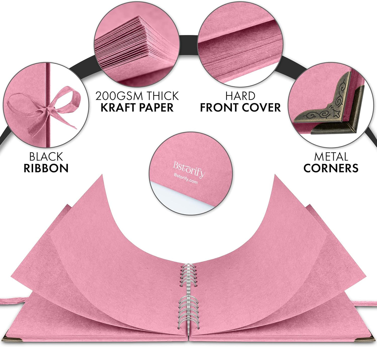 Bstorify Square Scrapbook Photo Albums 8 x 8 Inch Pink Thick Paper, Hardcover, Metal Corners, Ribbon Closure - Ideal for Your Scrapbooking Albums, Art & Craft Projects