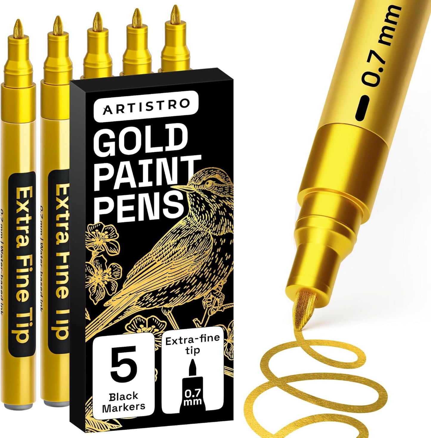 ARTISTRO 5 Gold Paint Pen for Rock Painting, Stone, Ceramic, Glass, Wood, Tire, Fabric, Metal, Canvas. Set of 5 Acrylic Paint White Marker Water-based Extra-fine Tip