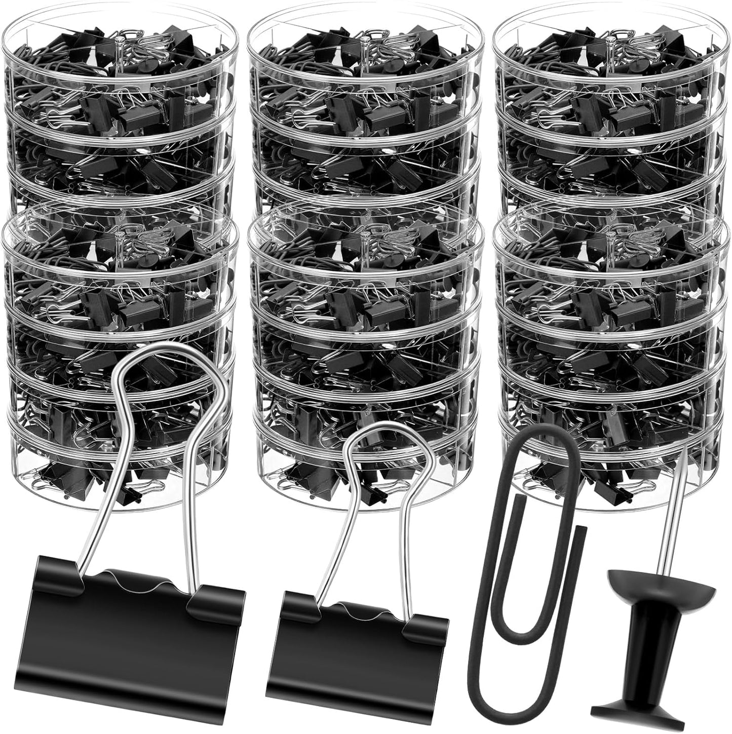 1560 Pcs Paper Clips and Binder Clips Assorted Sizes, Large Medium Small Binder Clip Paperclips Thumb Tacks, College Supplies Home Office Supplies Document Organizing(Black)