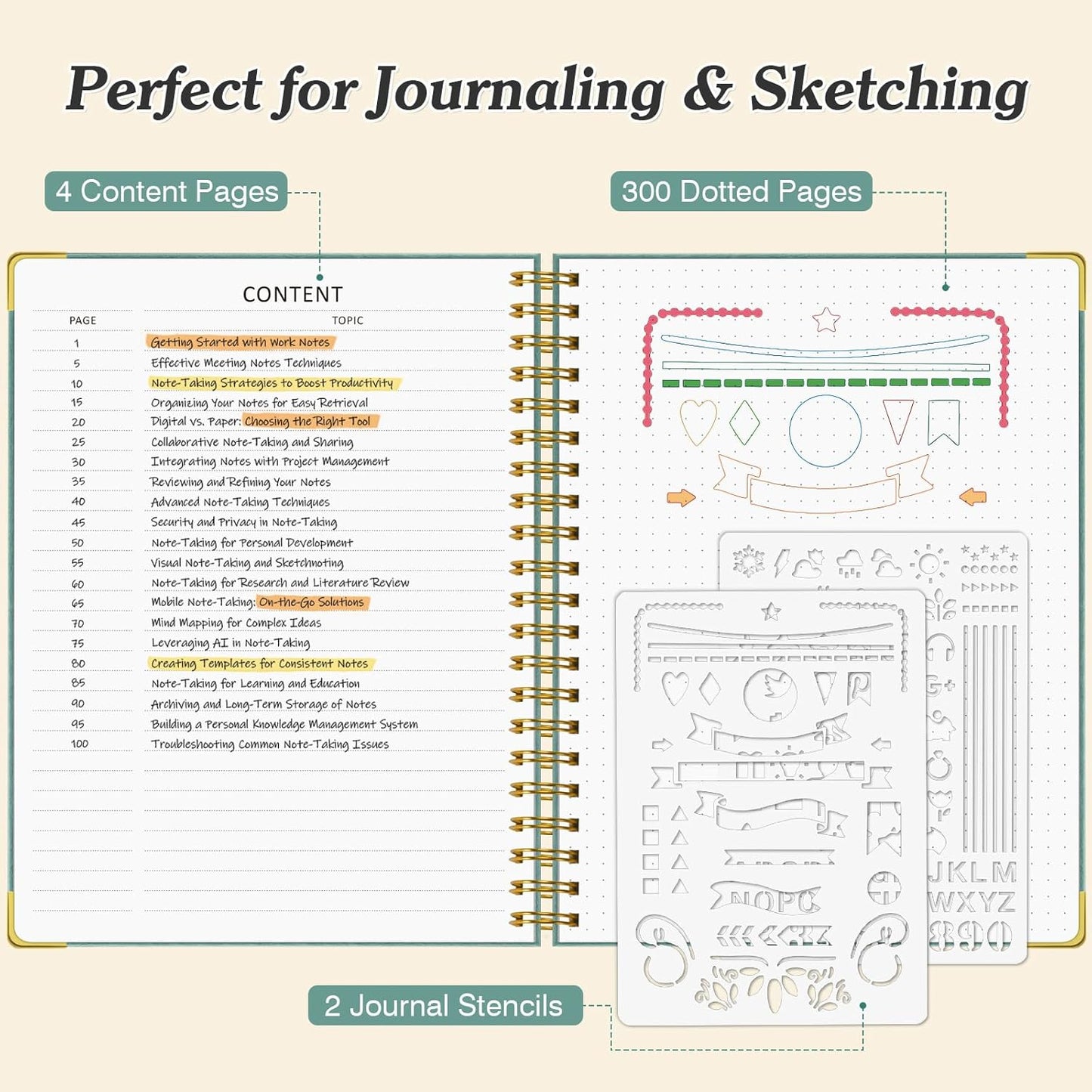 Bullet Dotted Journal Spiral Notebook, 300 Pages Leather Notebooks with Contens, 120 GSM Thick No Bleed Through Paper Journals, A4 Large Dot Grid Notebook for Women Men Work Writing, 8.5" x 11", Black