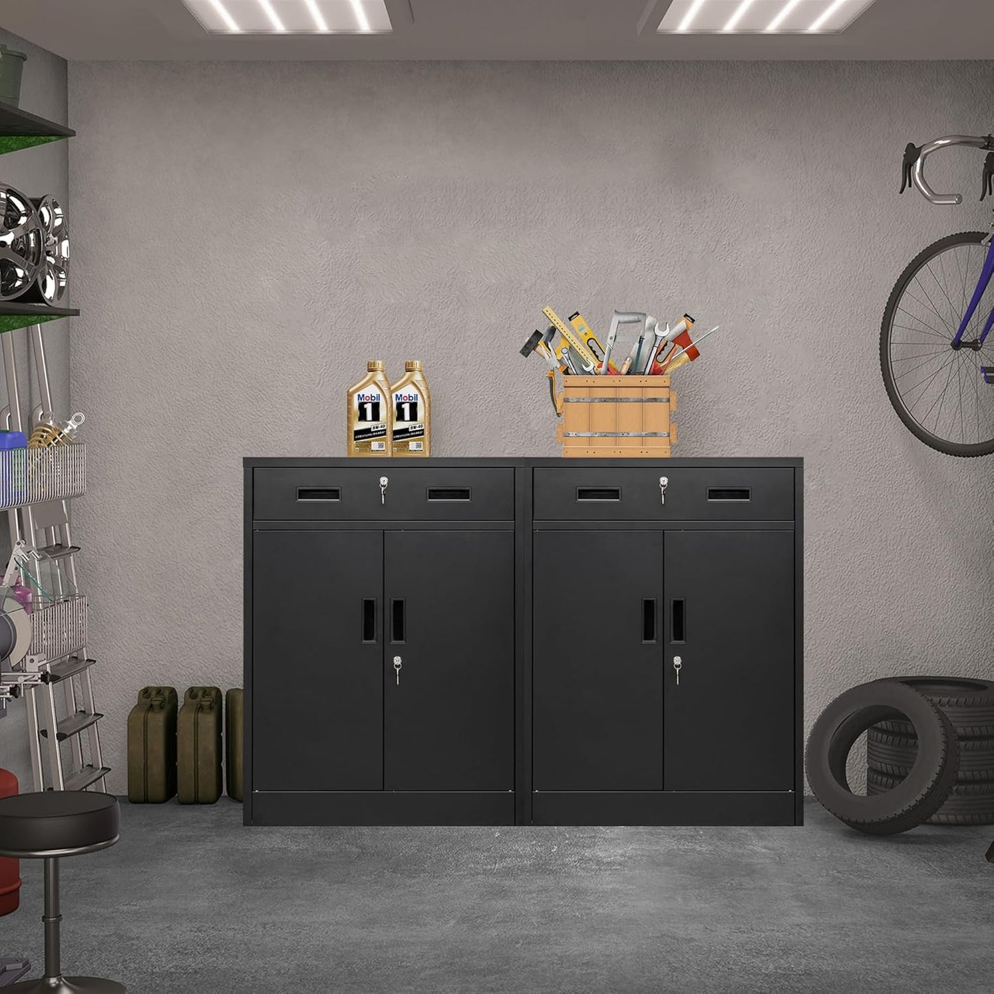 BESFUR Locking Storage Cabinet, Metal Cabinet with Oversized Drawer, Office Storage for Home, Garage, School - Black