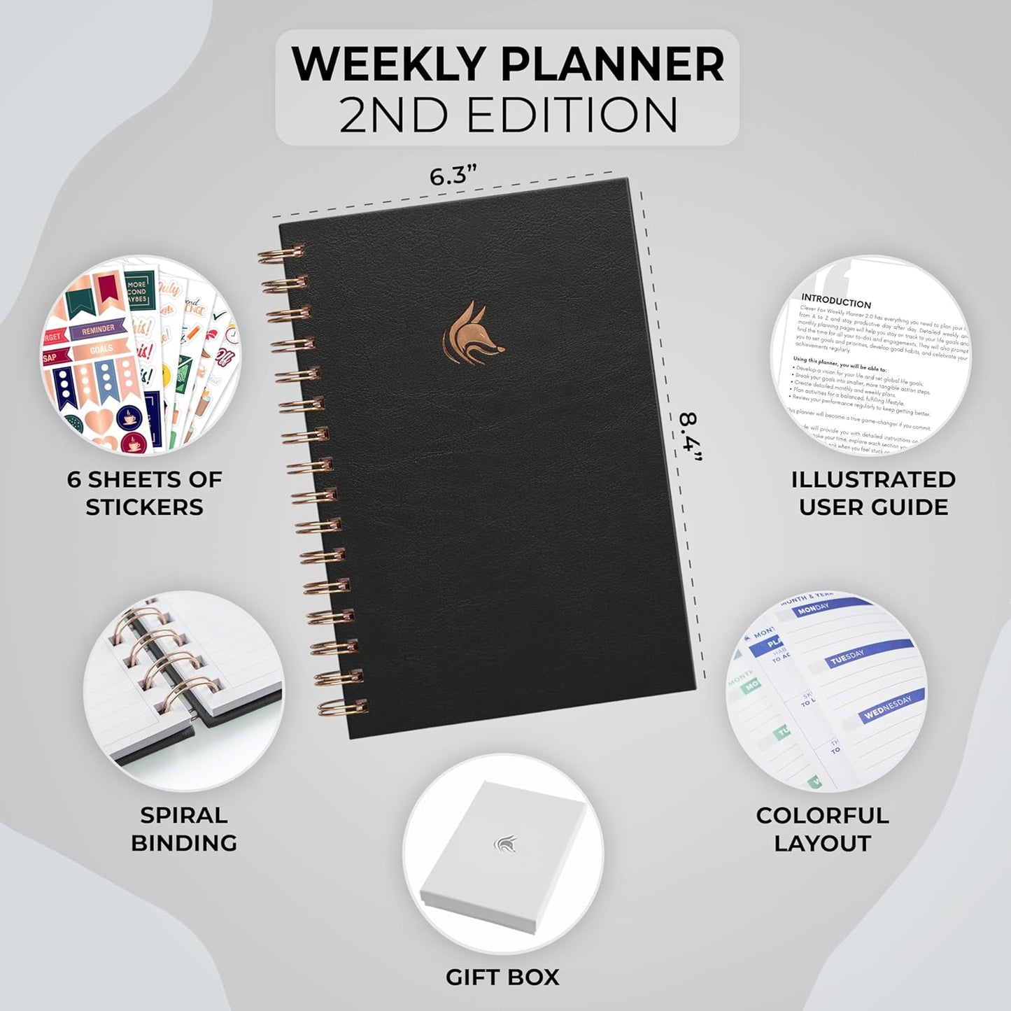 Clever Fox Planner 2nd Edition Spiral – Colorful Weekly & Monthly Goal Planner, Time Management & Productivity Organizer, Undated (Black)