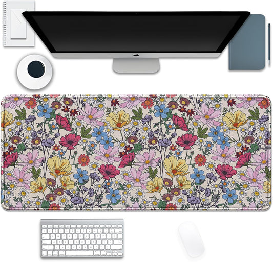 Colorful Flowers Mouse Pad,Large Floral Mousepad Desk Pad with Stitched Edges,Non-Slip Waterproof Rubber Base Mouse Mat for Office Computer Keyboard Laptop Home(27.5x11.8 in)