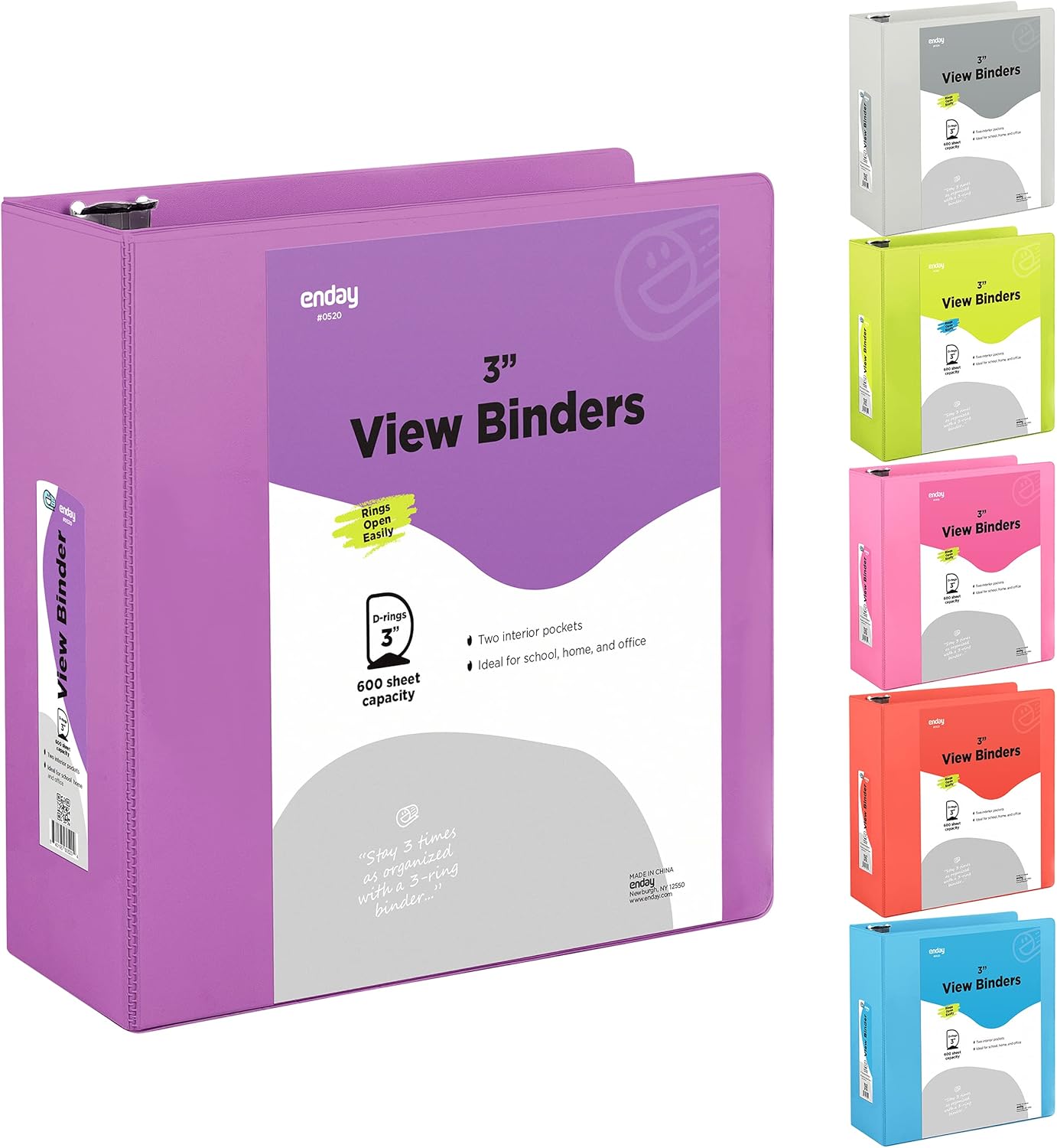 3 Slant D-Ring Binder 3 Inch Purple, 3 in Clear View Cover with 2 Inside Pockets Binder, Heavy Duty Colored School Supplies Binders,Also Available in Green, Grey, Red, Blue, Pink (12 PC) – by Enday