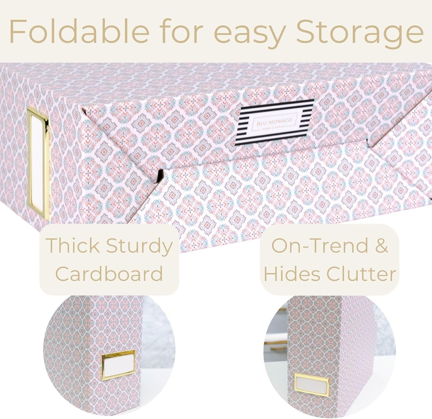 BLU MONACO Foldable Magazine File Holder Set of 4 with Moroccan Tile Design – Decorative Cardboard Magazine Organizer for Home, Office & Dorm Room – Stylish Magazine Storage Solution