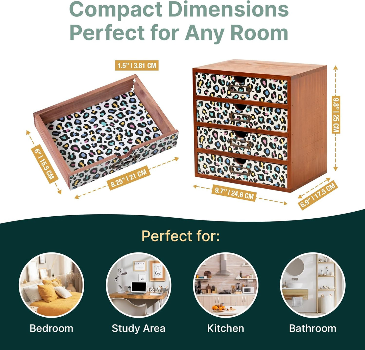 Colorful Leopard Print Wooden Desk Organizer - 4-Drawer Desktop Storage Cabinet for Office Supplies, Craft Tools & Home Organization - Trendy Wood Design for Crafters, Art Enthusiasts, Students