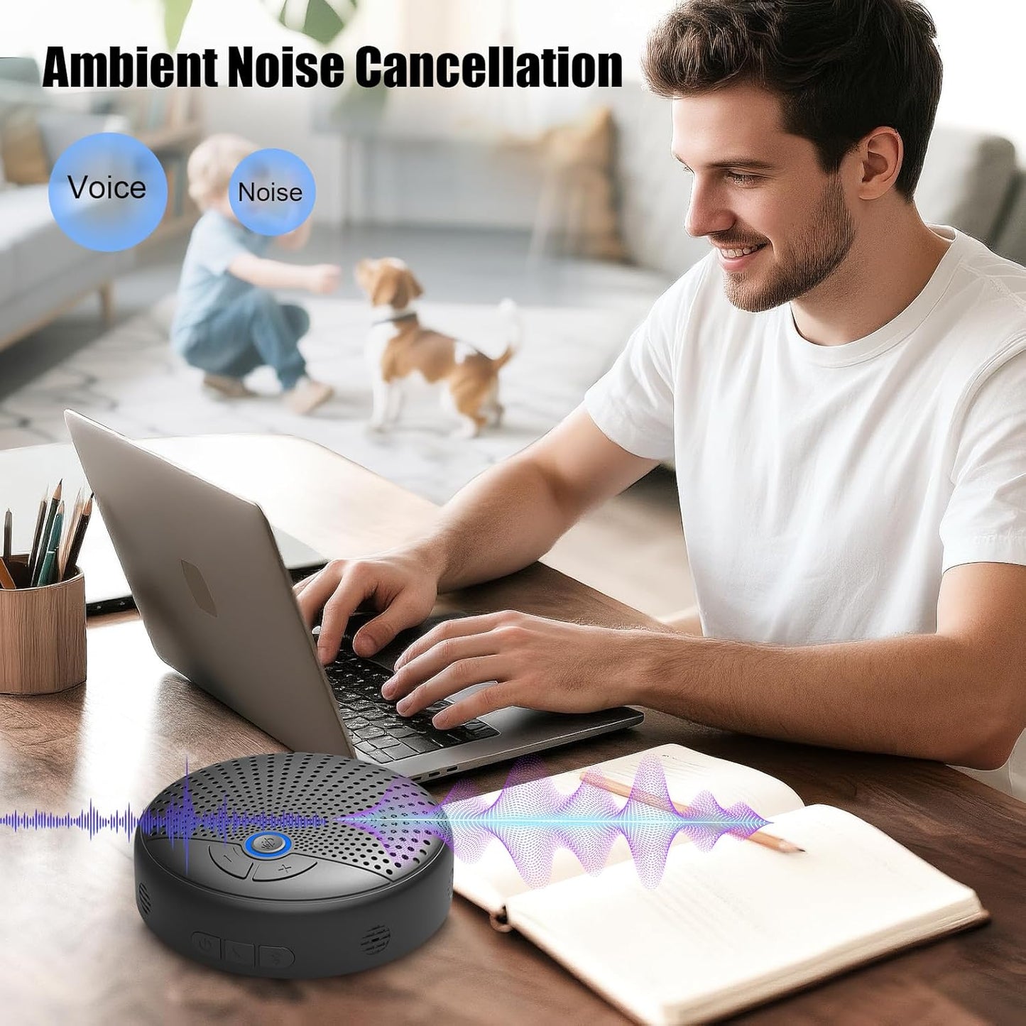 Conference Speakerphone, 4 AI Mics 360° Voice Pickup, Noise Reduction, Zoom & MS Team USB Speakerphone, Bluetooth Conference Speaker and Microphone for 10 People, Fit for Multi-Leading Platform