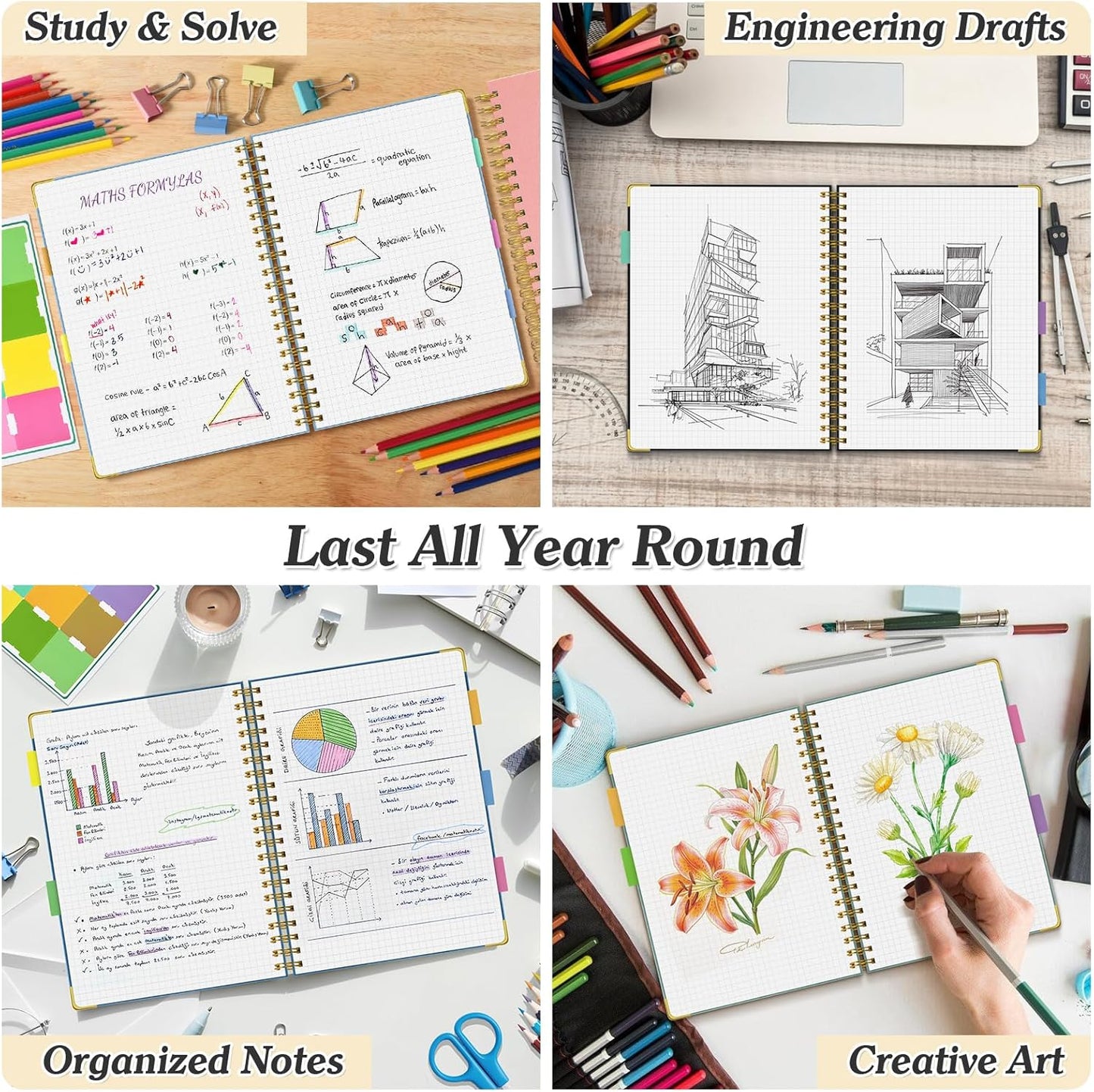 Graph Paper Notebook, Spiral Grid Notebook, Hardcover Leather Journal 300 Pages, 100gsm Thick Grid Paper Notebook, A5 Small Graphing Notebook Journal for Women Men Writing Engineering School Work