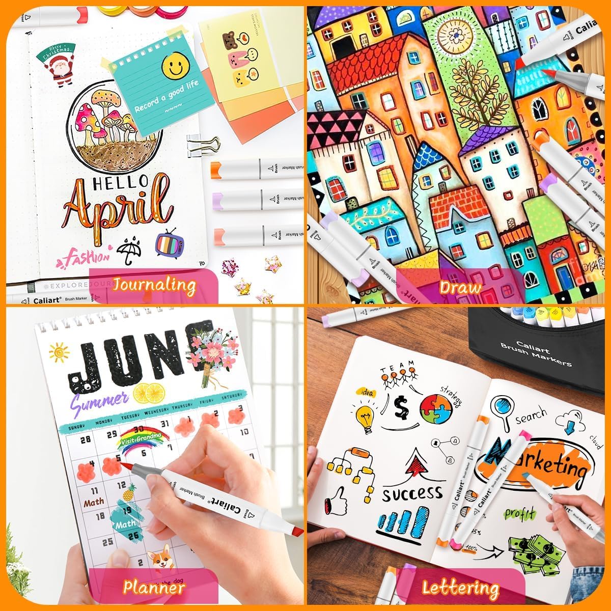 Caliart 61 Colors Brush & Fine Permanent Alcohol Markers, Dual Tip Artist Sketch Art Markers Set for Adult Coloring Book, Aesthetic Cute School Supplies, Pens for Drawing Coloring Illustrations