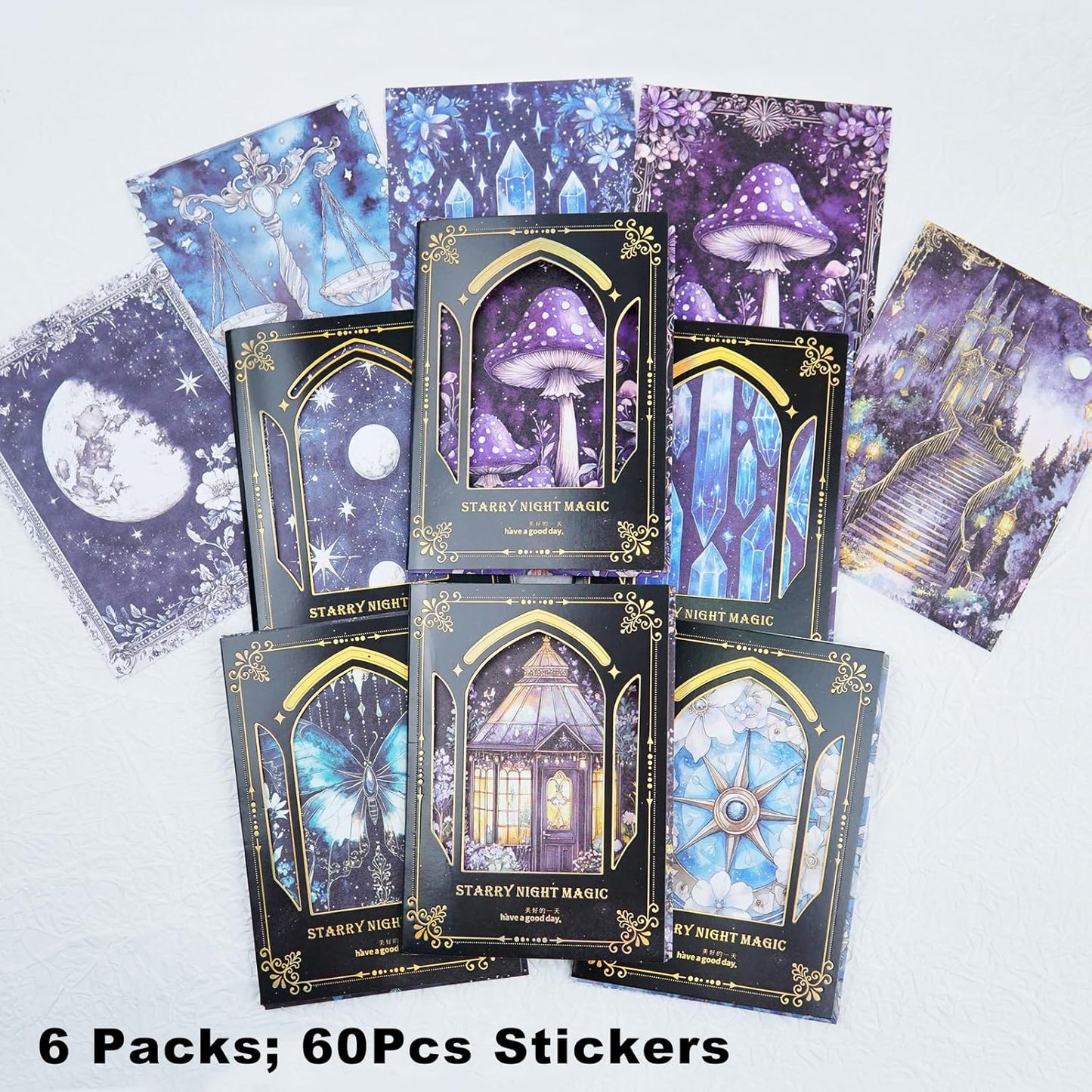 60Pcs Starry Night Magic Washi Sticker Set, Fantasy Journal Stickers, Large Scrapbook Supplies for Junk Journaling, DIY Craft