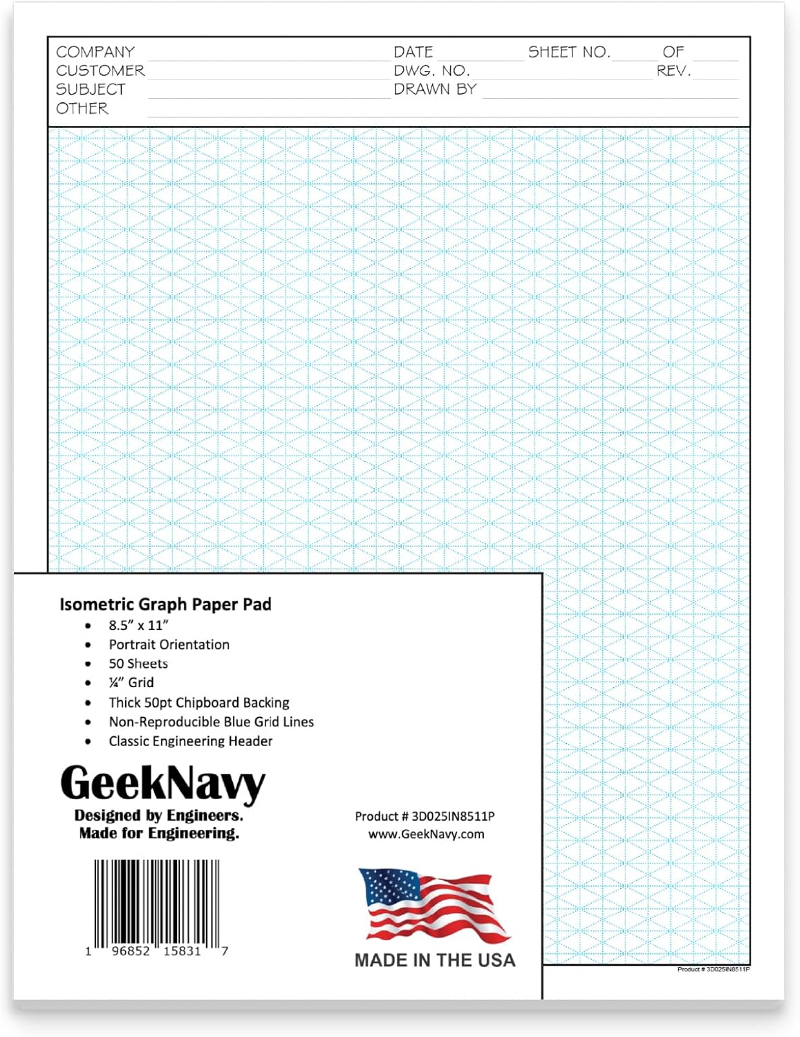 8.5" x 11" Isometric Graph Paper 50 Sheets Portrait - 0.25" Grid, Non-photo Blue, High Brightness, Drafting, Engineering, Art, 3D Design (1-Pack)