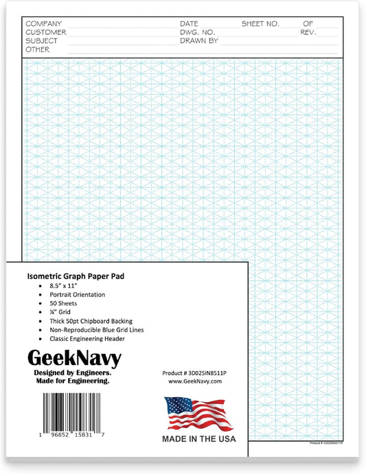8.5" x 11" Isometric Graph Paper 50 Sheets Portrait - 0.25" Grid, Non-photo Blue, High Brightness, Drafting, Engineering, Art, 3D Design (1-Pack)