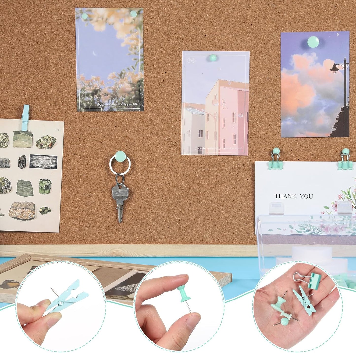 BESARME 200 Pieces Push Pins Set, 5 Types Green Thumb Tacks Cute Decorative Push Pins for Wall Cork Board Bulletin Boards with Storage Box