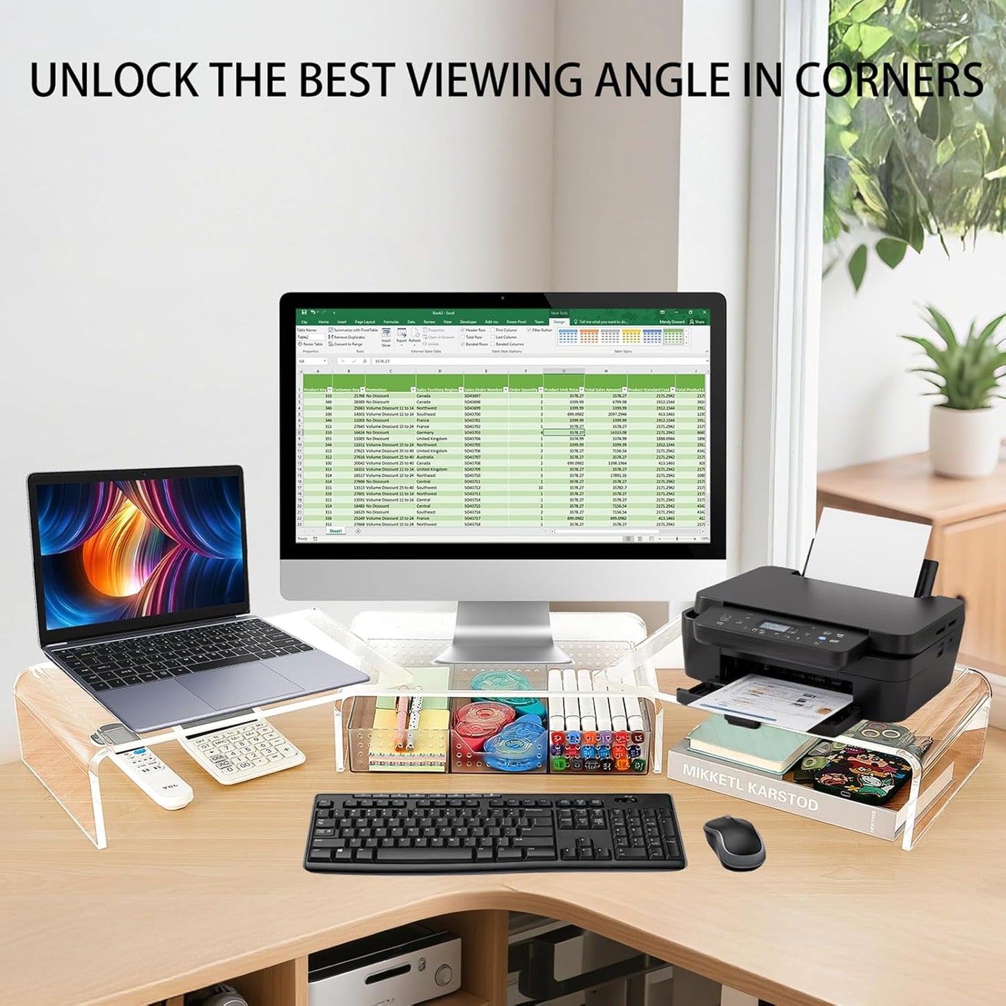 Clear Acrylic Desk Organizers and Accessories, Dual Computer Monitor Stand Riser with Drawer, Desk Shelf for Monitor, Workspace Desktop Organization for Office Supplies