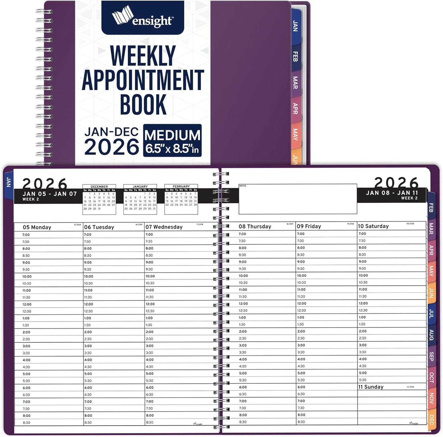 Ensight 2026 Appointment Book & Planner Ensight 6.5 x 8.5 inches Large Tabbed Daily Hourly Weekly Planner Schedule Book 30 Minute time Slots Business & Personal Planner Jan 2026 Dec 2026 Purple