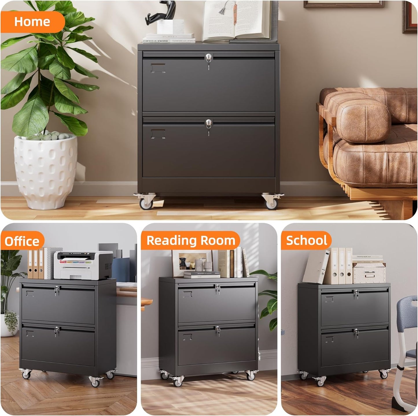 Aobabo Metal 2 Drawer Lateral File Mobile Cabinet with 2 Lock, Flie Cabinet with Wheels and Adjustable File Bars for Office,Home, for Letter/Legal Size, Black, Assembly Required