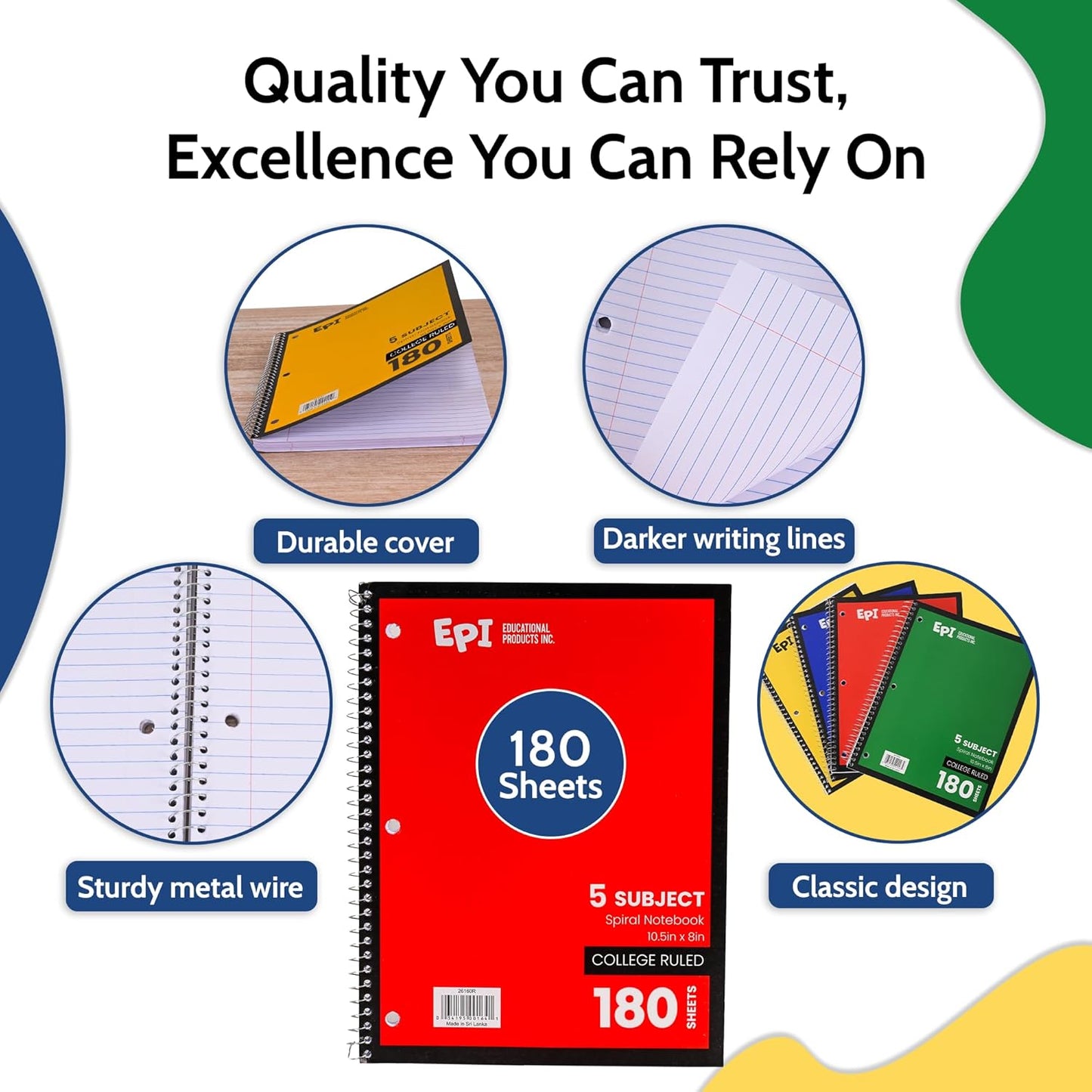 EPI Spiral Notebook | 5 Subject - College Ruled - 180 Sheets, Durable Spiral Binding | 10.5 x 8 in | Classroom Supplies | School, Office, Note Taking, Journaling - 3 Pack