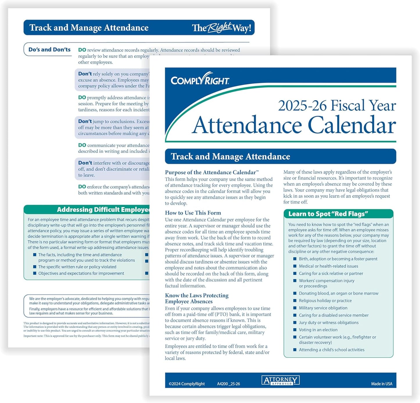 2025-2026 Fiscal Attendance Calendar, Pack Of 50