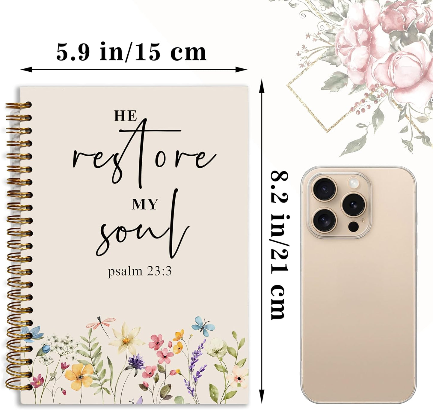 Bible Notebook, A5 Spiral Christian Journal with Floral Pink Butterfly Notebook, Bible Verse-He Restores My Soul, Inspirational Notebooks for Women, Bible Study, Gift for Birthday Christmas