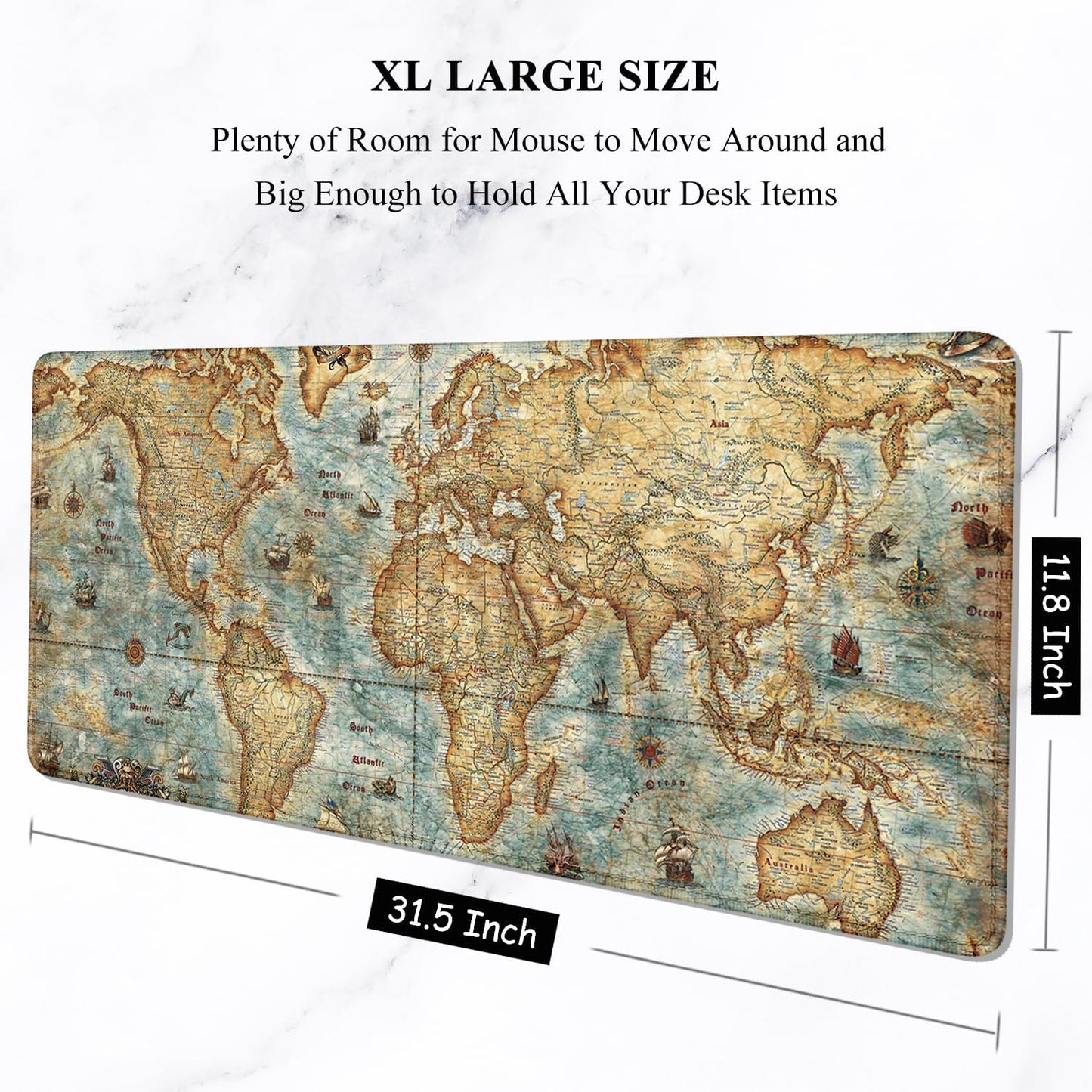 Auhoahsil Large Mouse Pad, XXL Gaming Mousepad, Desk Mat for Desktop, Thick Rubber, Big & Long Size, Stitched Edges, Full Desk Pad for Laptop & Computer, Extended 31.5 x 11.8 in, Vintage World Map