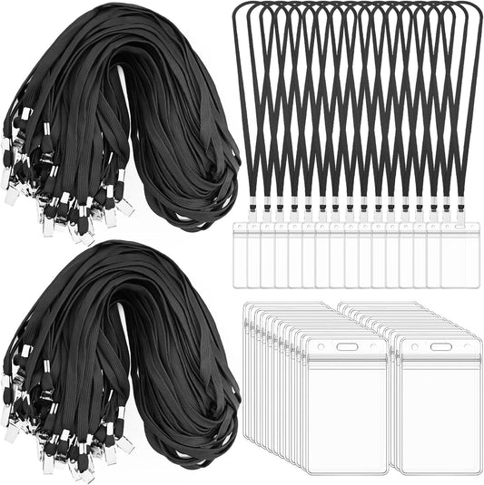 400 Pack Neck Lanyard Bulk with ID Card Holder Lanyards for ID Badges Vertical Name Badge ID Card Holders Flat Neck Lanyards with Clip for Nurses Teacher Students, Black