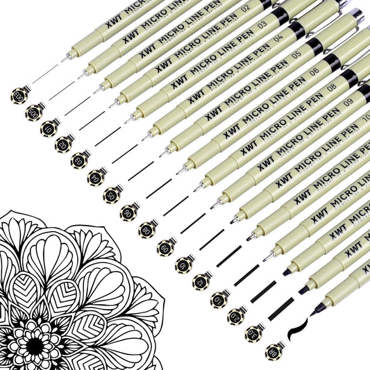 16pcs Fineliner Micro Drawing Art Pens, Black Waterproof Pigment Ink Set for Artists, Sketching, Manga, Watercolor, Calligraphy, and Detail Outlining Archival Quality Inking Markers