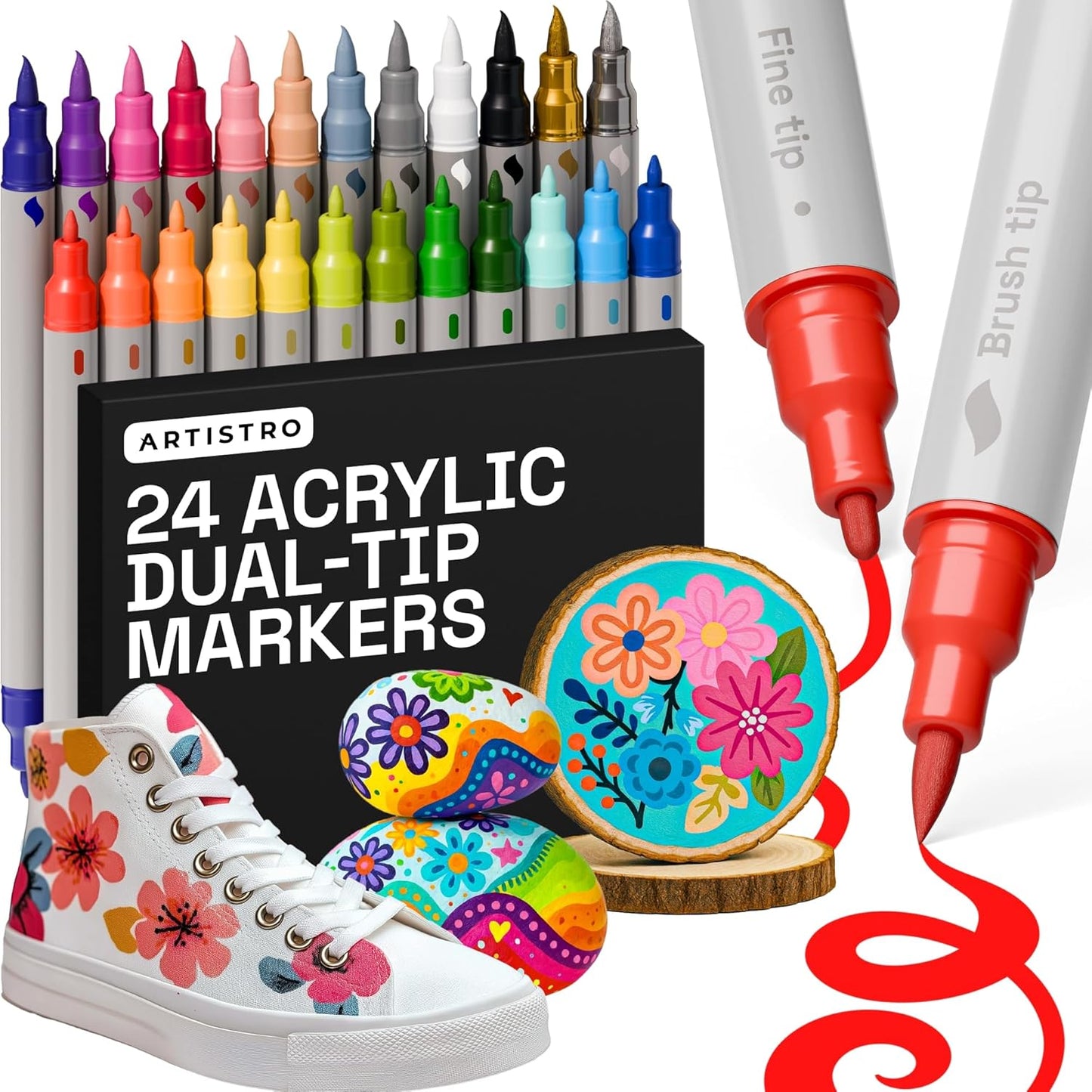 ARTISTRO Acrylic Paint Markers for Fabric, Rock, Wood, Glass, Craft - 24 Quick Dry Dual-Tip Fabric Paint Pens for Halloween Decorations - Pumpkin Painting Kit, Art Supplies, Christmas Gift