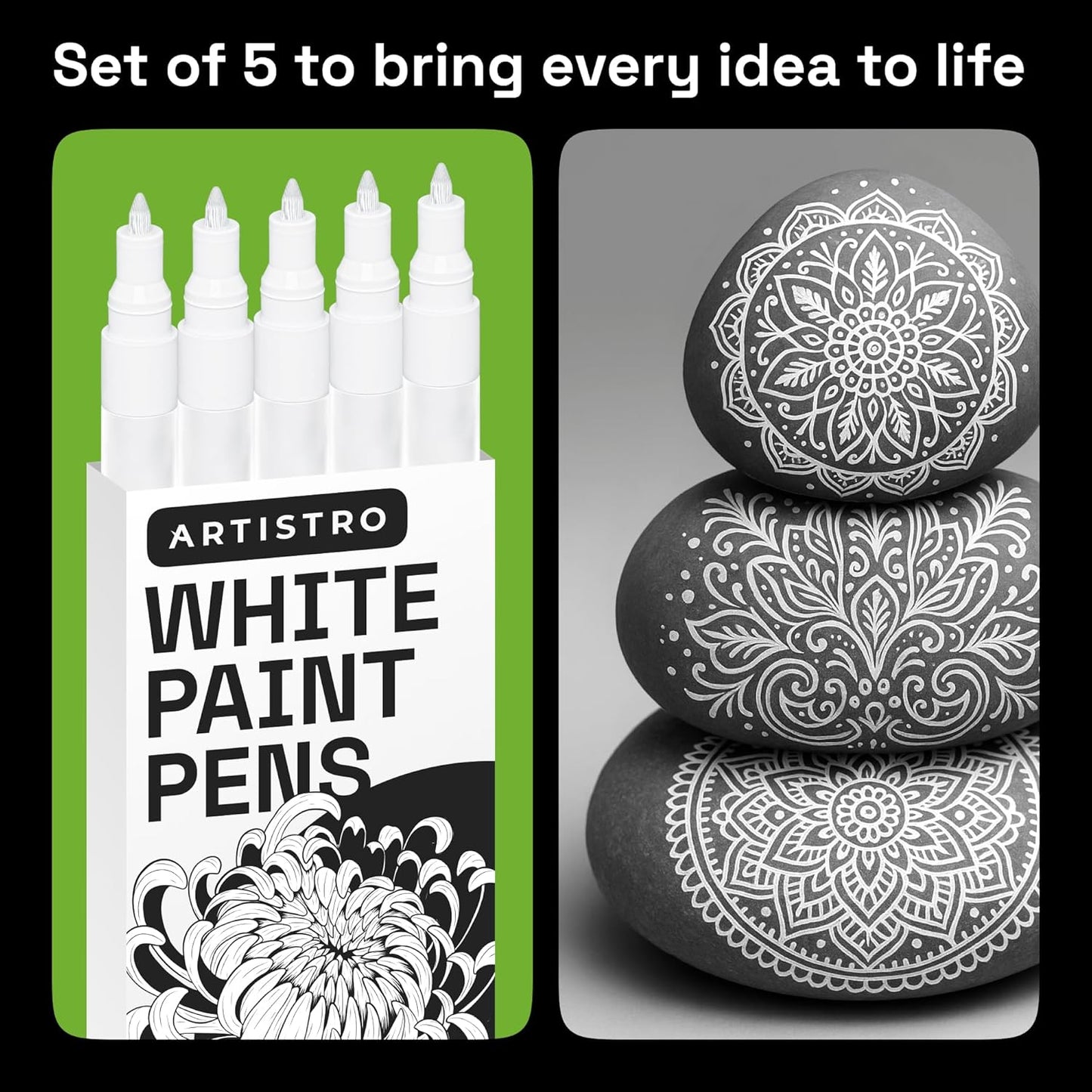 ARTISTRO 5 White Paint Pen for Rock Painting, Stone, Ceramic, Glass, Wood, Tire, Fabric, Metal, Canvas. Set of 5 Acrylic Paint White Marker Water-based Extra-fine Tip