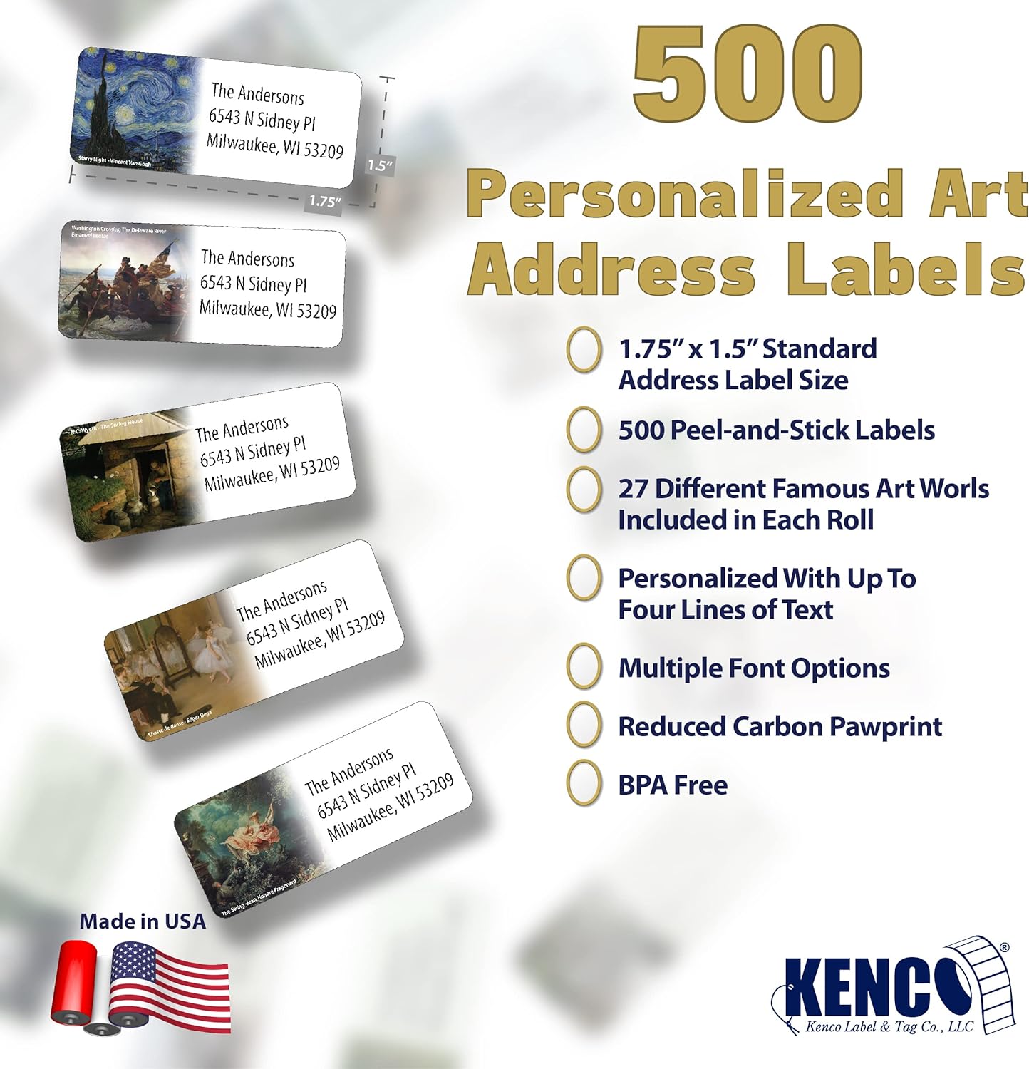Customized Personalized Address Labels - Made in The USA by Kenco (Famous Art, 500 Labels)