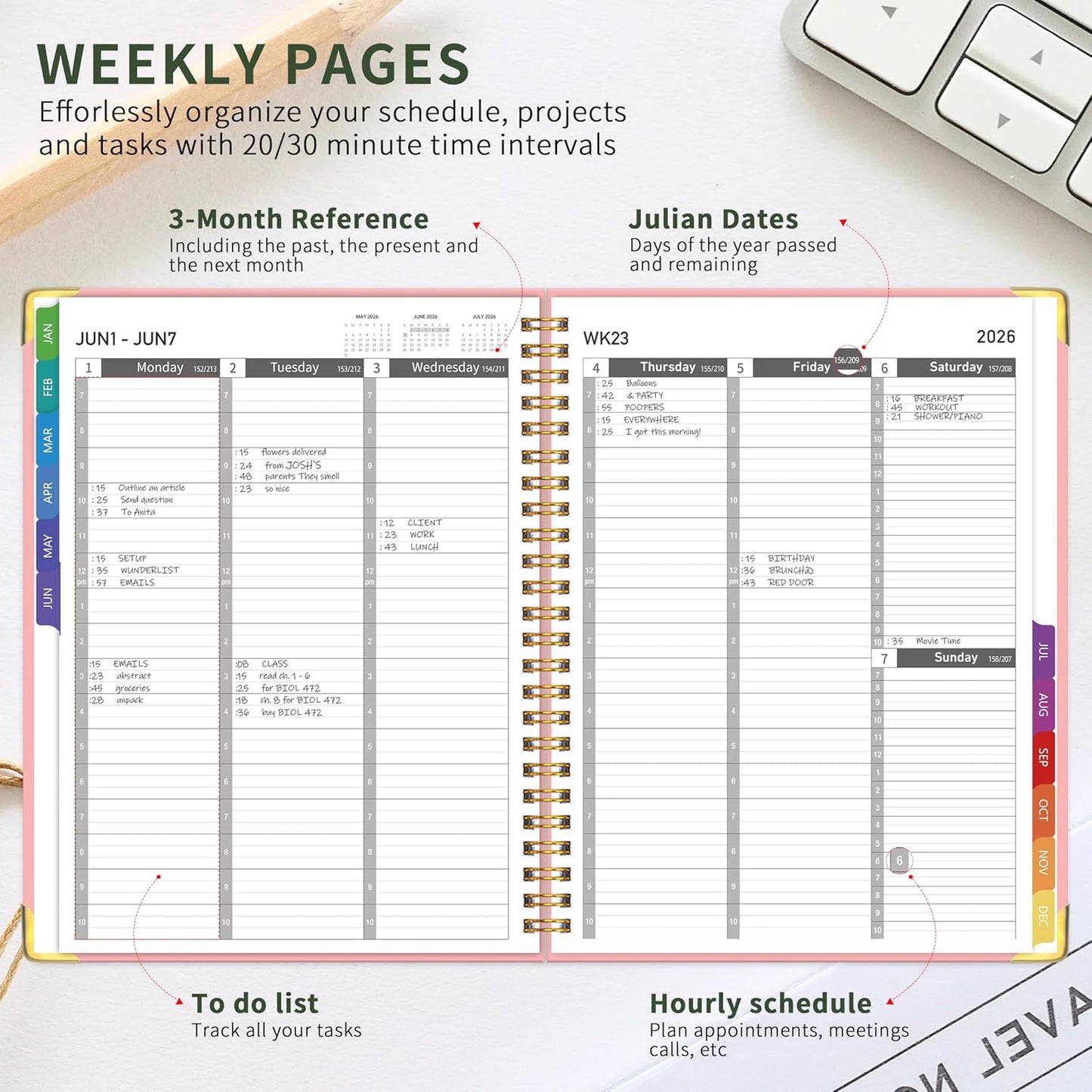2026 Appointment Book/Planner - 2026 Daily Hourly Planner from Jan. 2026 - Dec. 2026, Weekly appointment Book 2026, 2026 Hourly planner with 20-Minute Interval, 9" x 11", Twin-Wire Binding, Colorful Tabs, Pocket - Pink