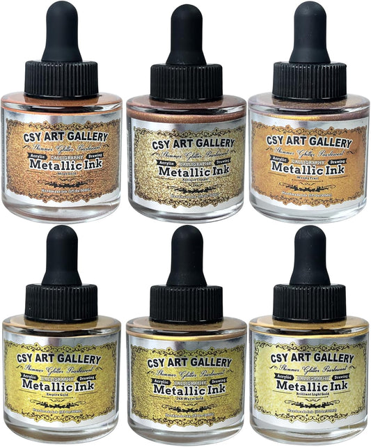 CSY art gallery Metallic Acrylic Water-Resistant Ink-Drawing Inks Set-24K Gold Mica Paint-Shimmy Pigment for Dip Pen, Brush, Artist, Non Toxic Paints(Fallen Leaves Starlight Set)