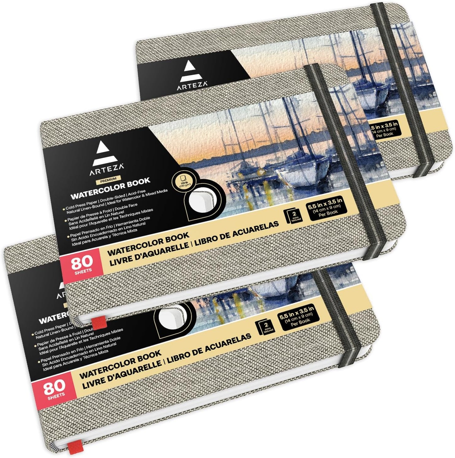 ARTEZA Watercolor Book, Pack of 3, 80 Pages Each, 3.5x5.5 Inch Watercolor Notebook, 110lb/230gsm Water Color Paper