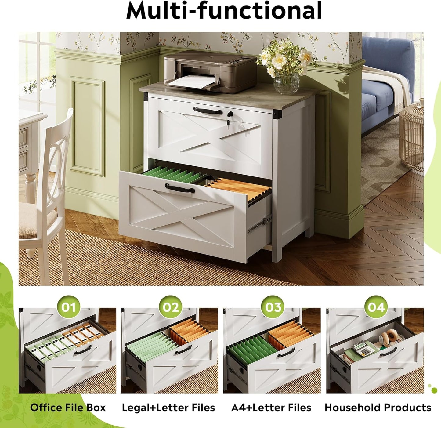 DEVAISE 2 Drawer Farmhouse File Cabinet with Lock, Lateral Filing Cabinet for Letter/Legal/A4 Size, Wood Printer Stand for Home Office, White