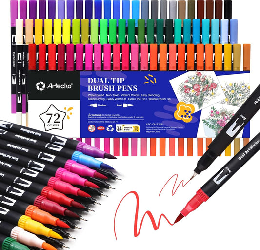 Artecho 72 Colors Markers for Adult Coloring Books No Bleeding, Dual Tip Markers for School, Fine and Brush Tip for Adults Coloring Books, Calligraphy, Drawing, Sketching