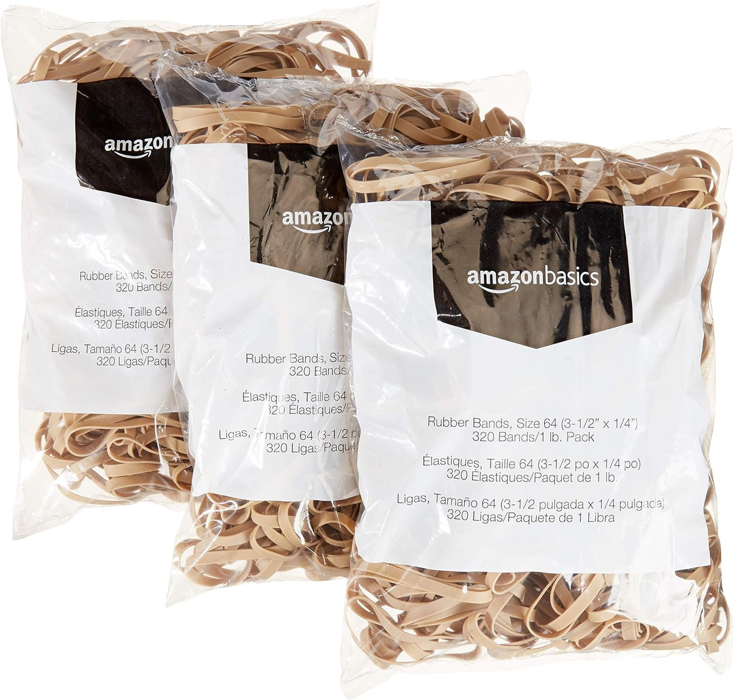 Amazon Basics Rubber Bands, Size 64 (1/4"), 320 Bands/1 lb Pack, 3-Pack, Tan