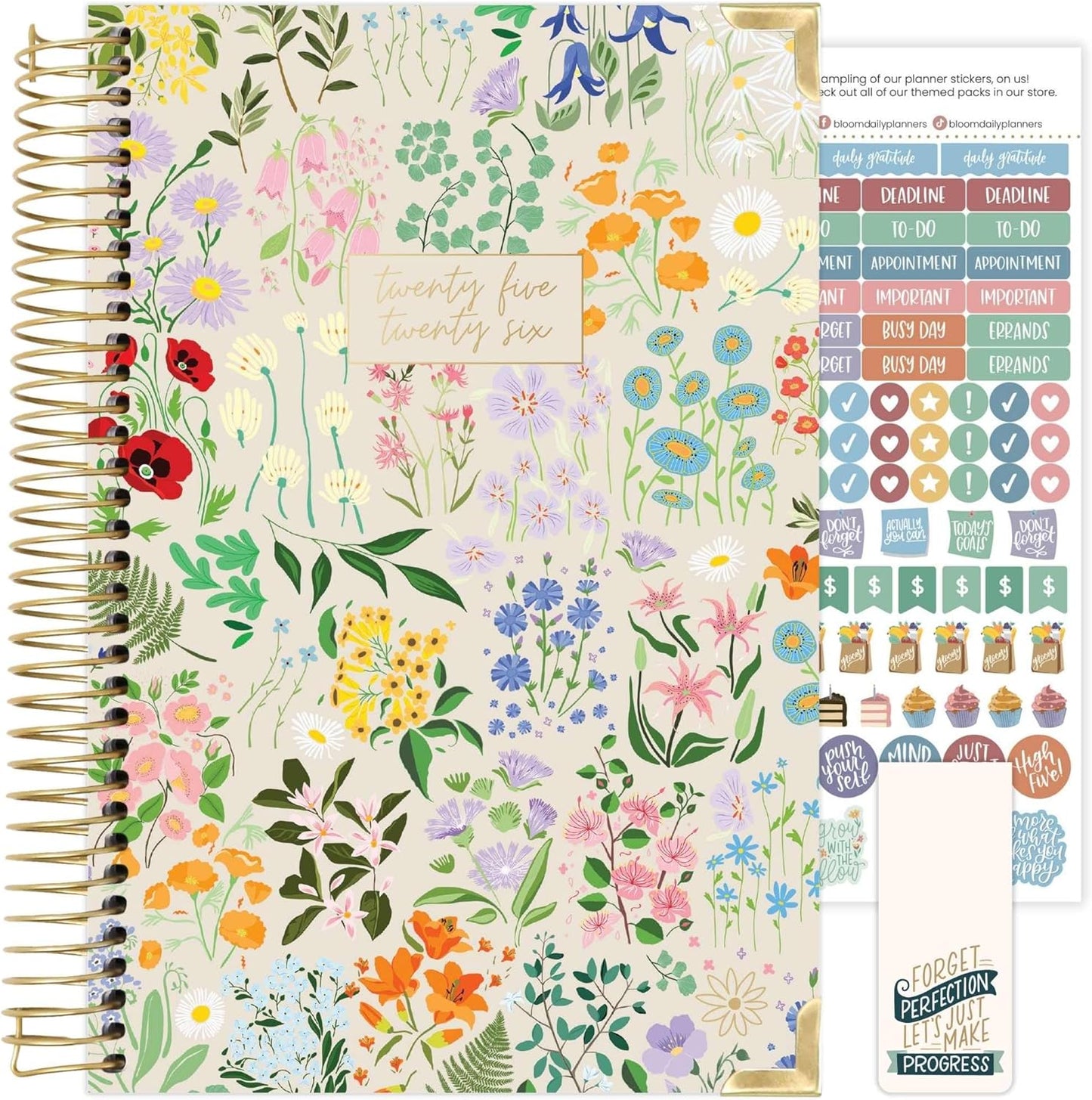 bloom daily planners HARDCOVER 2025-2026 Academic Year Day Planner (July 2025 - July 2026) - A5 Task Goal Organizer - Monthly & Weekly Inspirational Agenda Book - 5.5" x 8.25" - Garden Party, Beige
