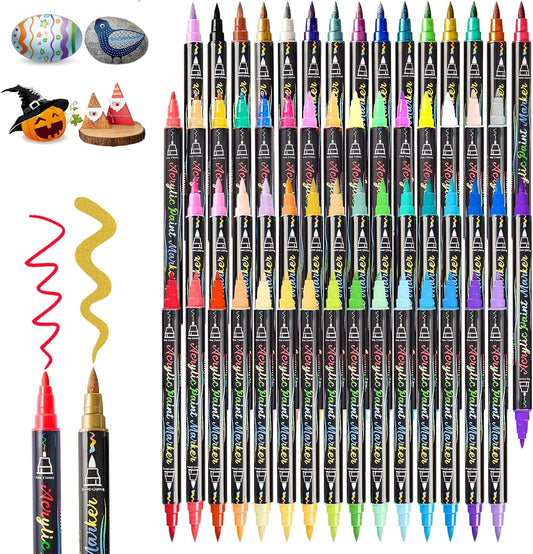60 Colors Acrylic Paint Pens,Dual Tip Acrylic Markers with Fine Tip and Brush Tip,Acrylic Paint Markers for Rock Painting,Fabric,Crafts,Wood,Glass,Canvas,Plastic,Scrapbook,Art Supplies