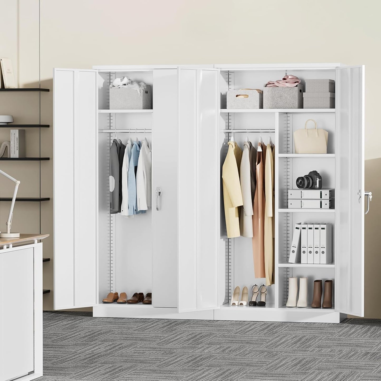 Greenvelly Metal Storage Cabinet Locker with Locking Doors,72" Metal Wardrobe Cabinet, Steel Storage Wardrobe with Hanging for Home Office, Garage, School, Gym（White 36" ×18"）