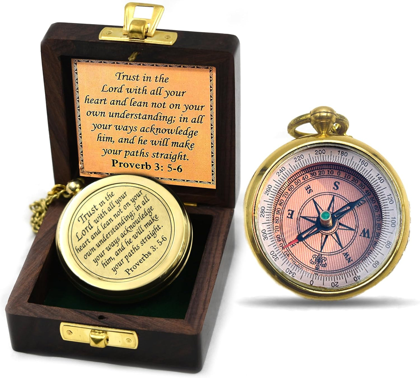Trust in The Lord With All Your Heart - Proverbs 3:5-6 Quote Engraved Compass With Wooden Box, Greeting Card, Gift Compass, Graduation Day Gifts 2024 for Women Men Boys Girls