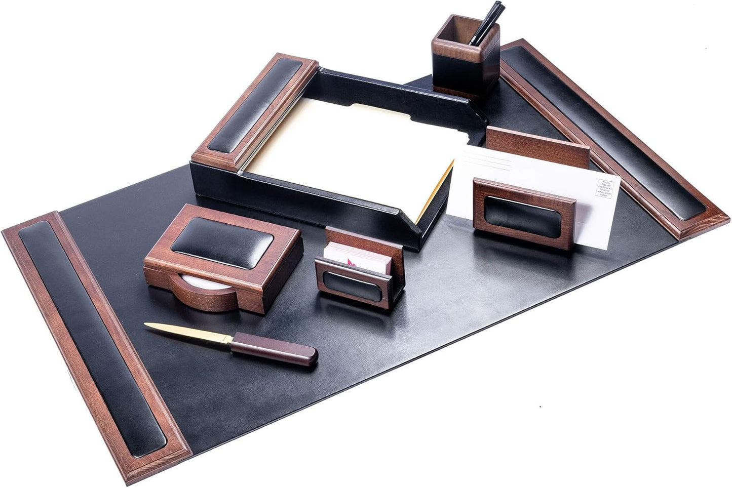 Dacasso Wood & Leather Desk Set - Luxury Leather Desk Pad & Desk Organization Essentials (Walnut and Black, 7 Piece)