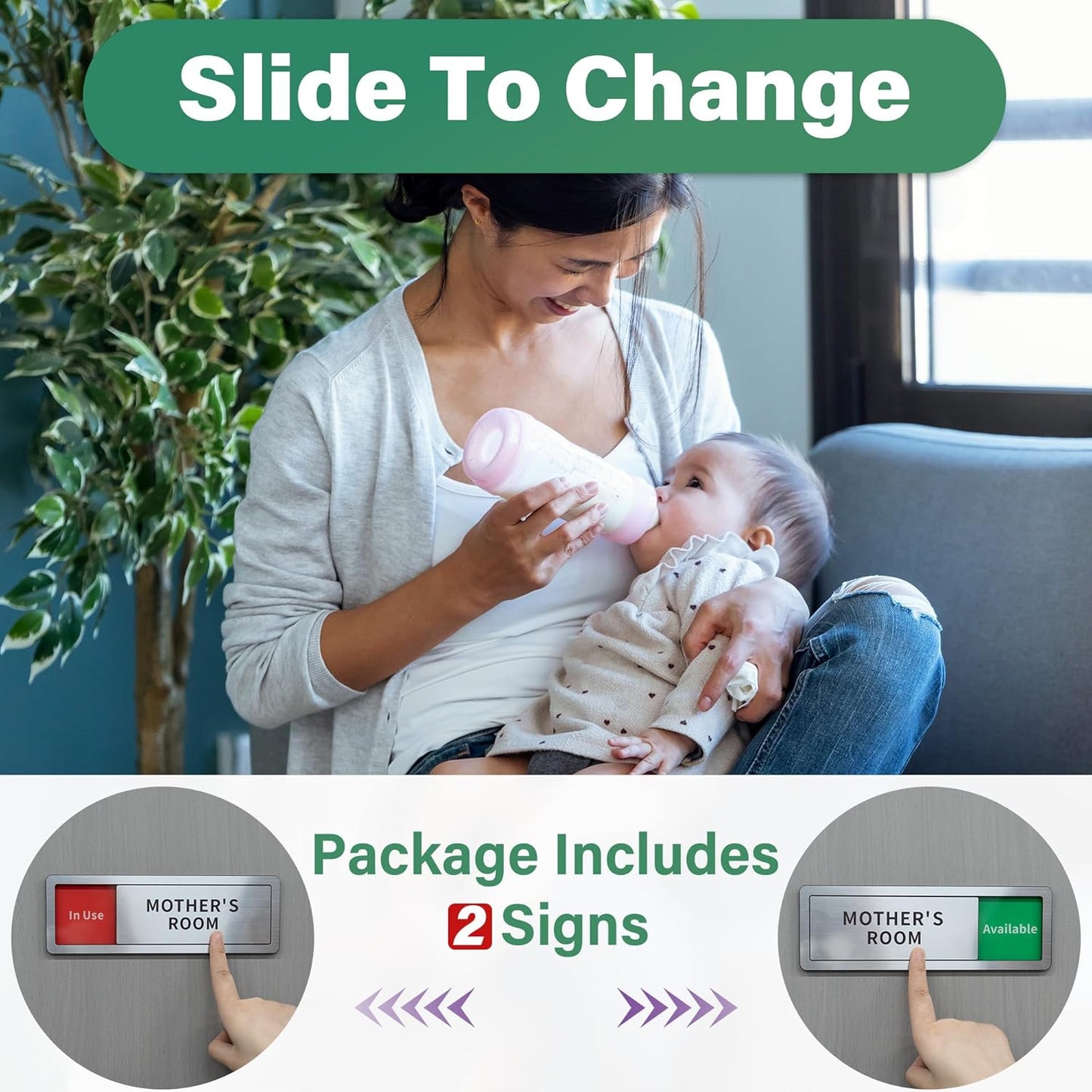 2 Pack Mom Door Sign - Do Not Disturb, Breastfeeding, Slide Door Sign (Brushed Silver, 8" x 2.6")