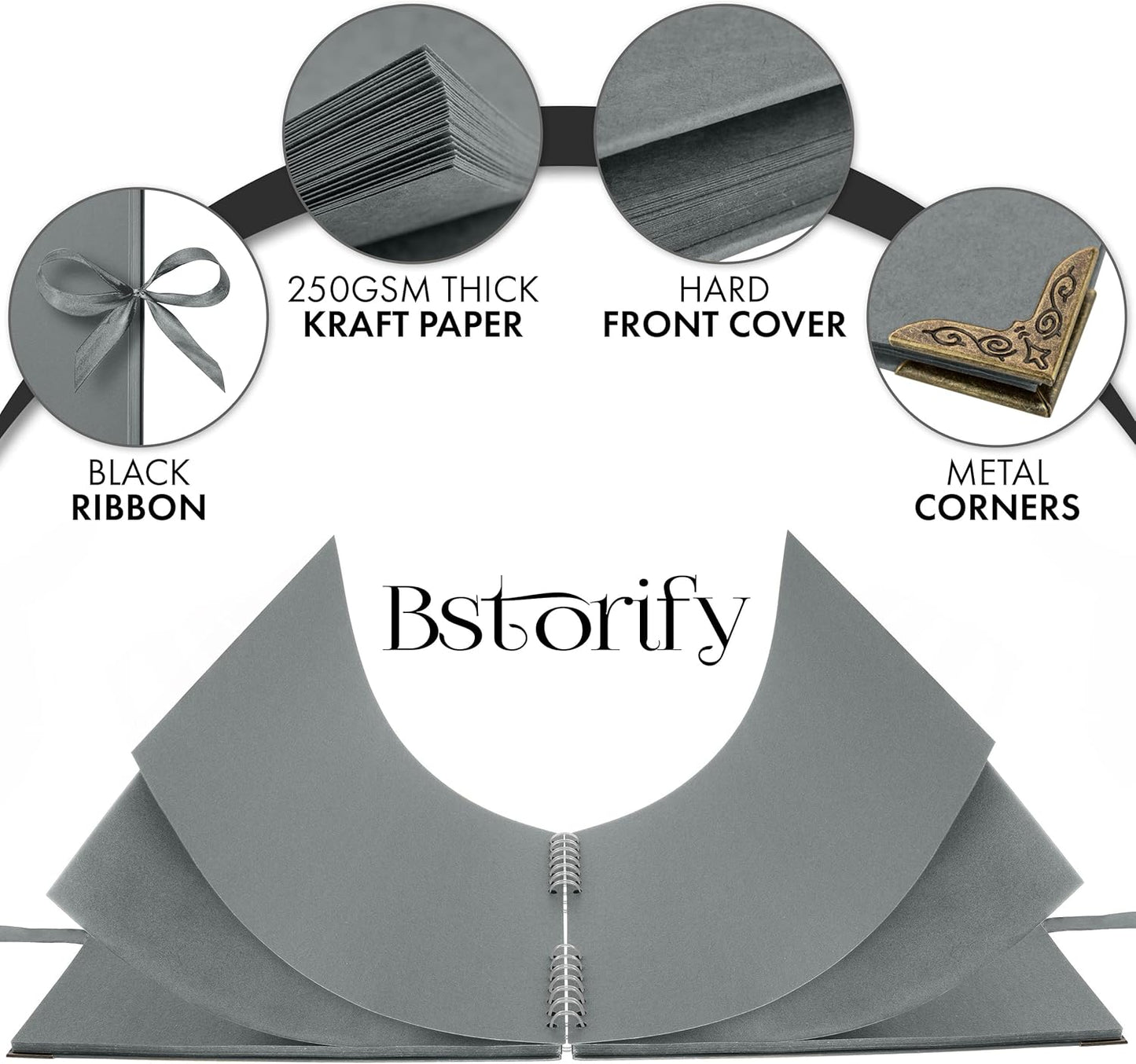 Bstorify Square Scrapbook Photo Albums 80 Pages (11 x 11 Inch) Grey Thick Paper, Hardcover, Ribbon Closure - Ideal for Your Scrapbooking Albums, Art & Craft Projects (Grey, 11 x 11 Inch)