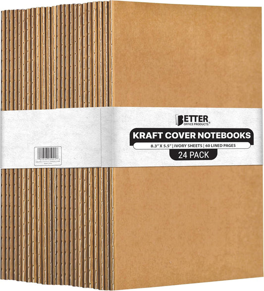 Better Office Products Kraft Notebooks with Lined Paper, 24 Pack, 8.3 in x 5.5 in, A5 Size, 60 Lined Ivory Pages, 80 gsm, Soft Cover Composition Notebooks, Stitched Spines, Kraft Travel Journals