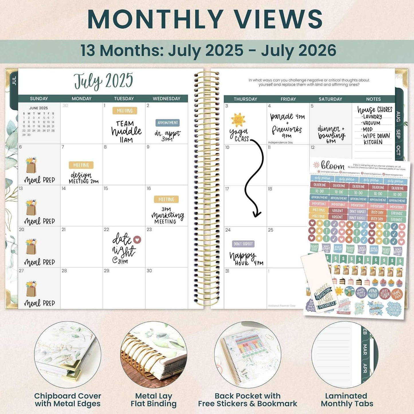 bloom daily planners 2025-2026 Hardcover Academic Year Goal & Vision Planner (July 2025 - July 2026) - Monthly & Weekly Calendar Agenda Organizer - 7.5" x 9" - Eucalyptus, White