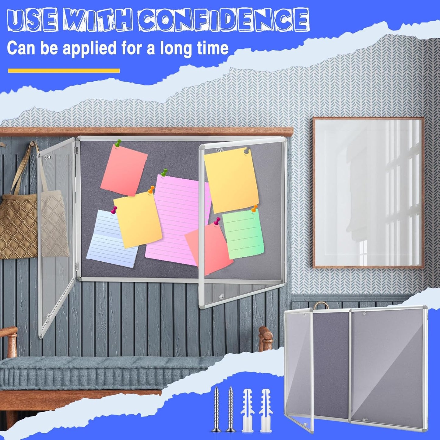 Enclosed Bulletin Board 48" x 36" Weather Resistant Lockable Notice Cork Display Board Wall Mounted 2 Locking Door for School Classroom Commercial Back to School, 12 x A4(Gray, Silver Frame)