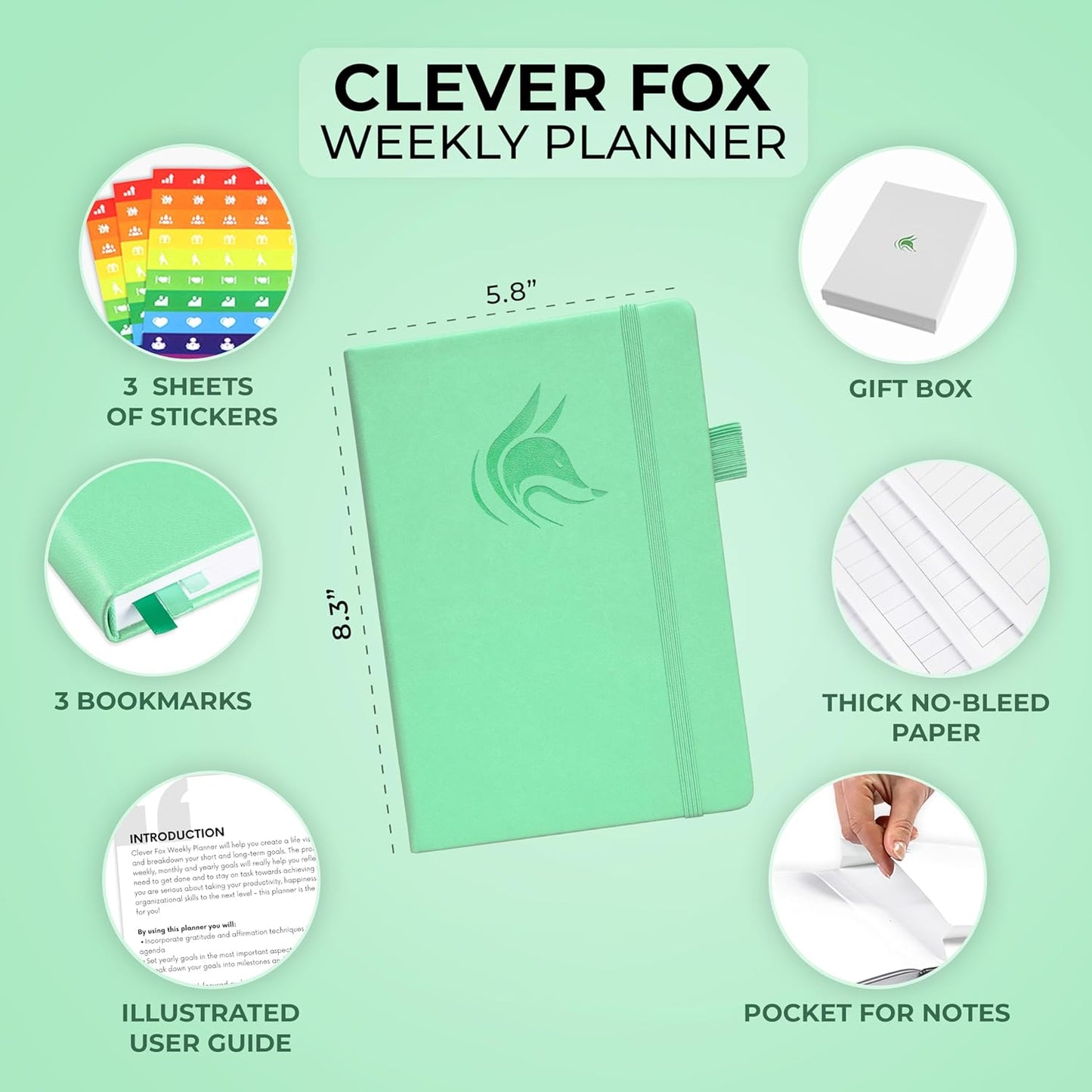 Clever Fox Planner – Undated Weekly & Monthly Planner for Productivity, Time Management & Goals – Organizer Journal – A5 (Mint)