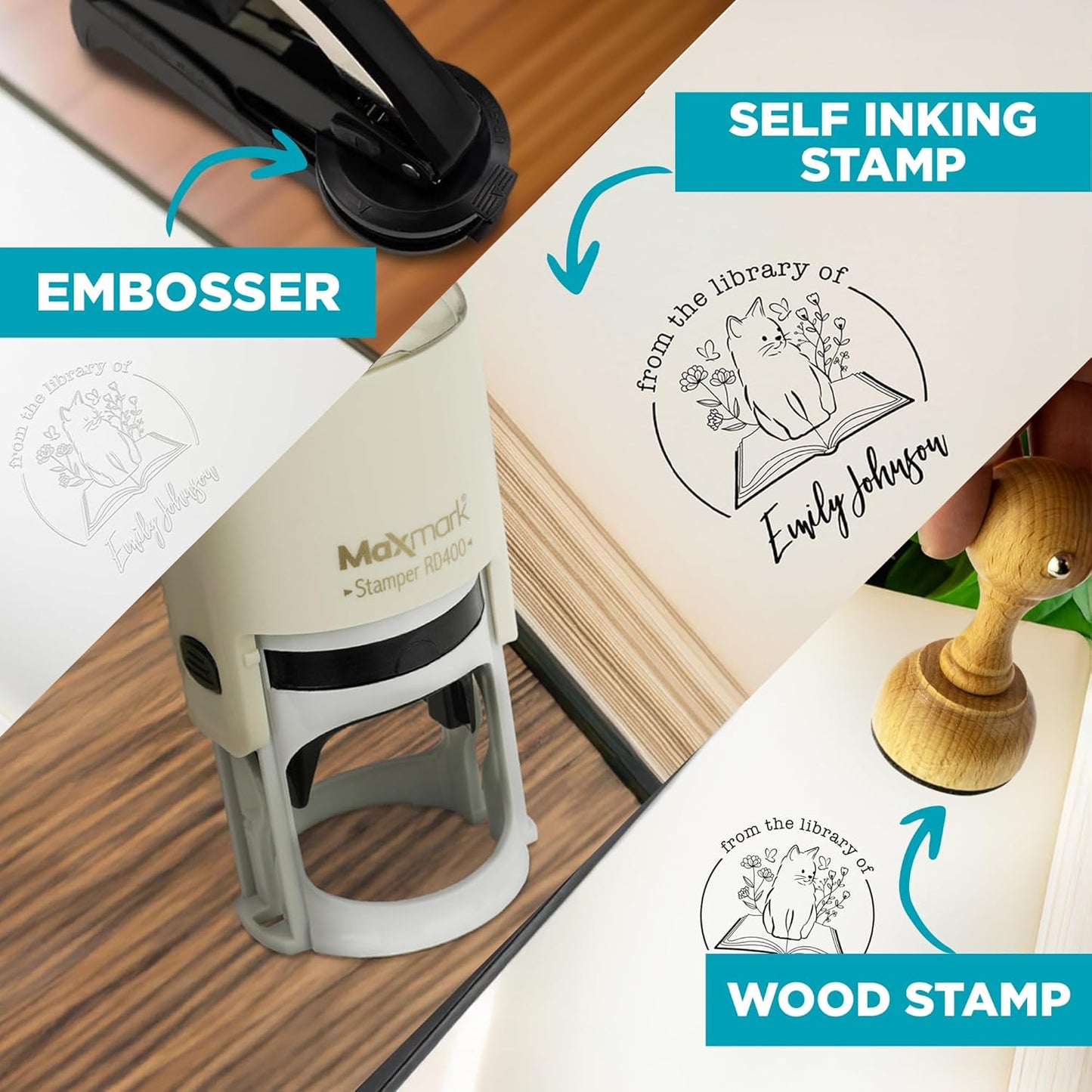 Custom Library Embosser - Style 113 - Embosser, Wood Stamp or Self Inking Stamp - Book Embosser Includes 50 Gold Seals - Custom Stamp Seal from The Library of