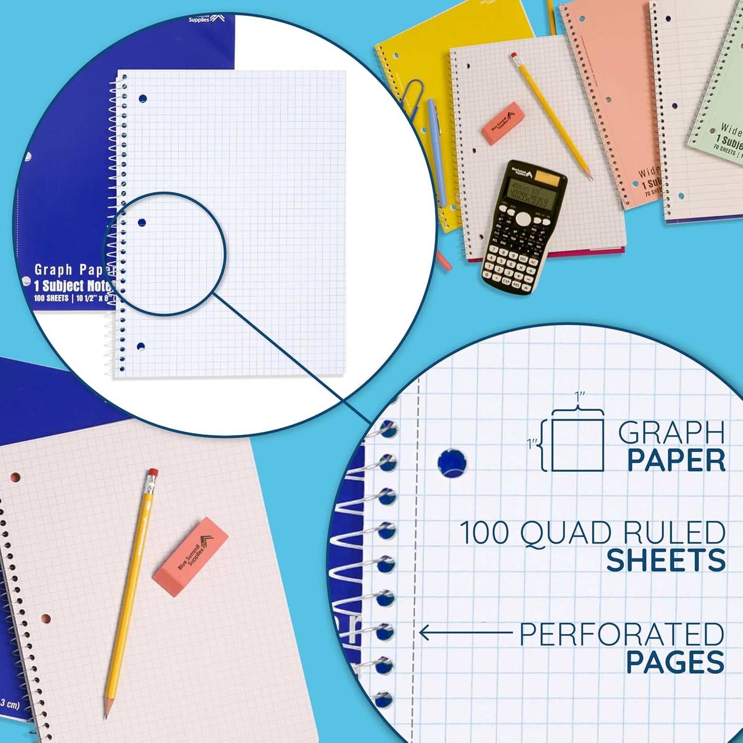 Blue Summit Quad Ruled Notebook, Paper Quad Ruled Spiral Notebook 8x10.5, 4x4 Square Grid for Math, College, Work, School, and Lab, Graphing Paper, 100 sheets, 12 Pack