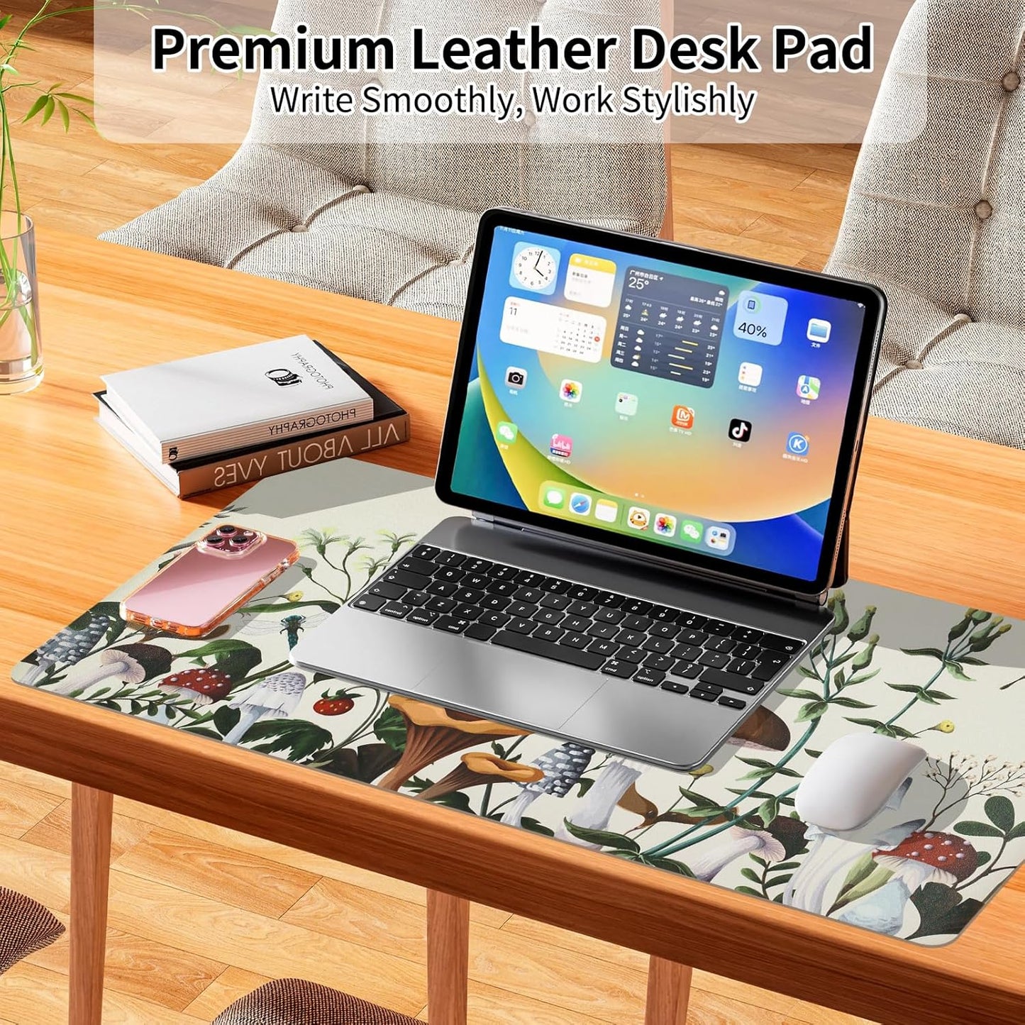 Bloss Plant Mushroom Desks Pad,Large Mouse Pad for Desktop, Leather Floral Desk Mat for Keyboard and Mouse,Waterproof Computer Laptop Desk Protector Mat for Office/Home/Women Gift,White 31.5" x 15.7"